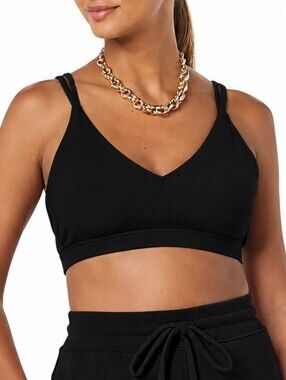 Ribbed V-Neck Bralette with Double Straps - Black